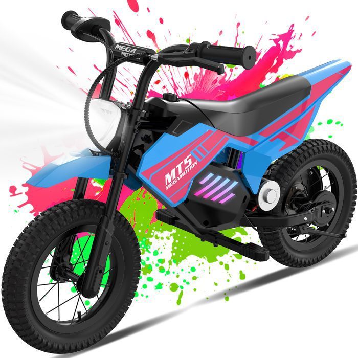 MEGAMOTION Moto &eacute;lectrique enfant Bleu 150W, 2 vitesses 8-16 km/h, pneus tout-terrain 12"", autonomie 10 km, id&eacute;e cadeau