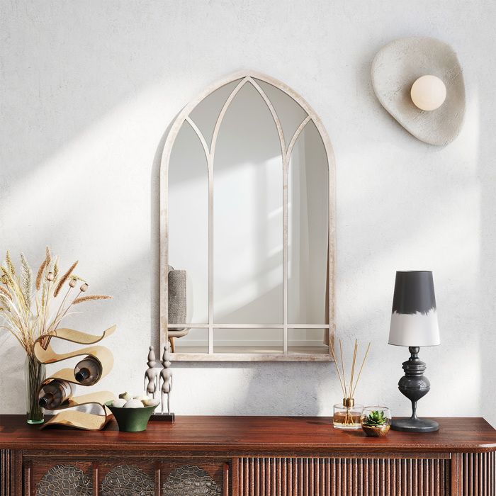 Miroir Mural Arqué 83 x 48 cm COSTWAY Cadre en Métal Miroir Décoratif Anti-Explosion Intérieur Extérieur pour Salon Entrée Jardin