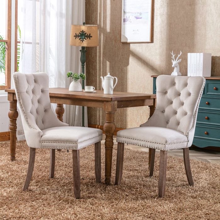 Chaise de salle à manger en velours - Capitonné - Pieds en bois - 2 pièces - Beige - 65x50x95 cm - 7.7 kg - Dossier haut