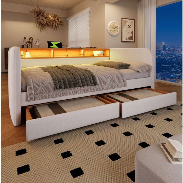 Lit de jour beige 140 × 190 LED USB-C 2 tiroirs tête de lit rangement sans matelas