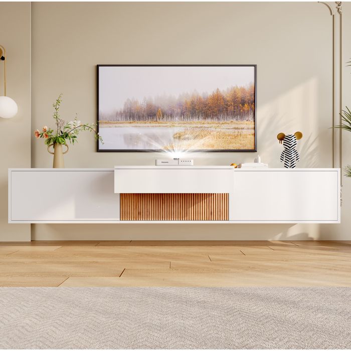 Meuble TV mural ou au sol avec tablette coulissante projecteur - TCQPZ - blanc effet bois 180 cm