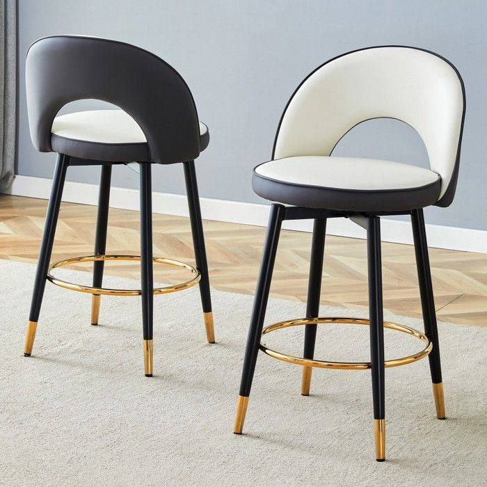 Lot de 2 Tabouret de bar pivotant 360° - Coussin polyuréthane gris foncé & blanc rembourré - 44x44x91.5cm