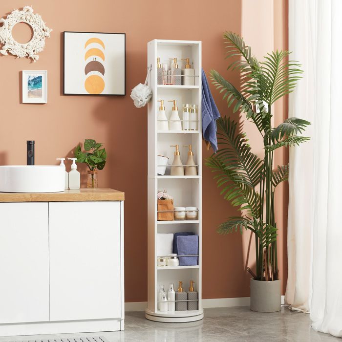 MOTHINESSTO1558-Meuble colonne de salle de bain pivotant avec miroir 6 étagères 36 x 36 x 171 cm blanc