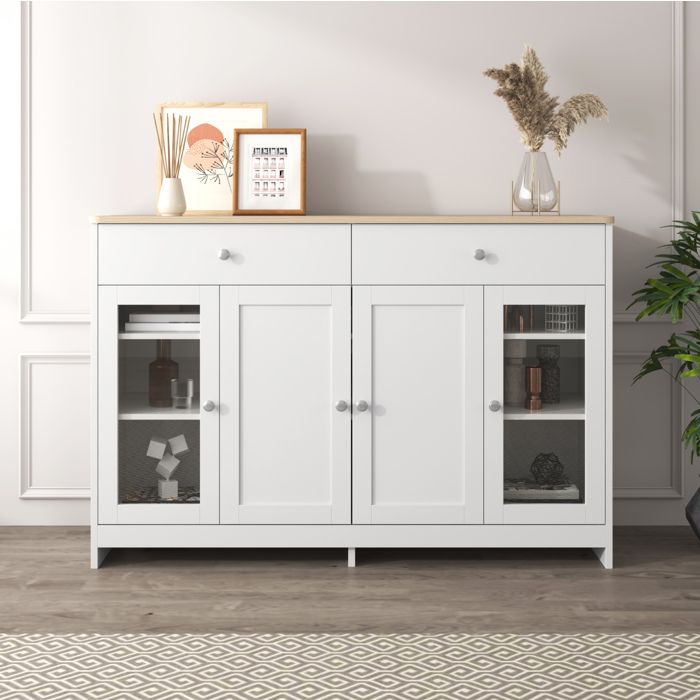 Buffet bas 4 portes 2 tiroirs et étagères réglables - BEAUNIV - Style campagne blanc et bois 120×37×80 cm