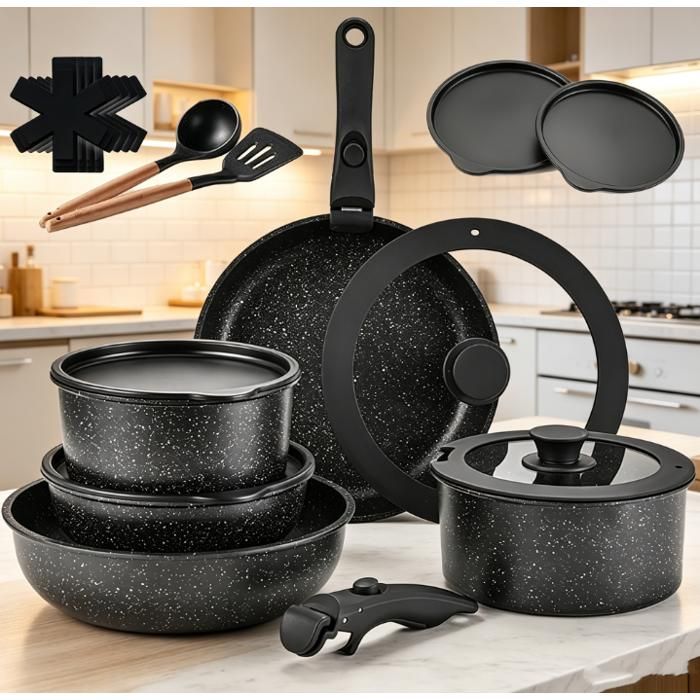 Batterie De Cuisine 17 Pieces Induction Pans Set - couvercle - Poignée amovible -Ensemble De Casseroles -Tous Feux Dont Induction