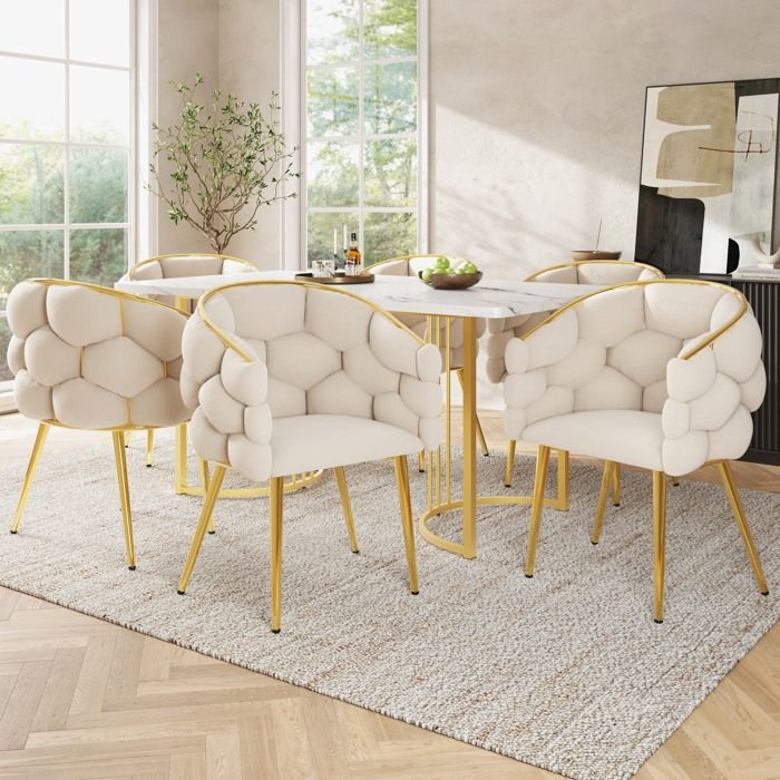 Ensemble de table à manger 6 personnes 1 table 140x80 cm et 6 chaises velours beige blanc doré
