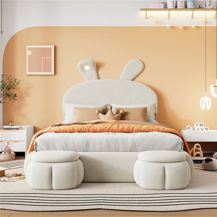 Lit rembourré 140x200 beige velours - oreilles lapin - lampe réglable - 2 tabourets rangement - Sans Matelas