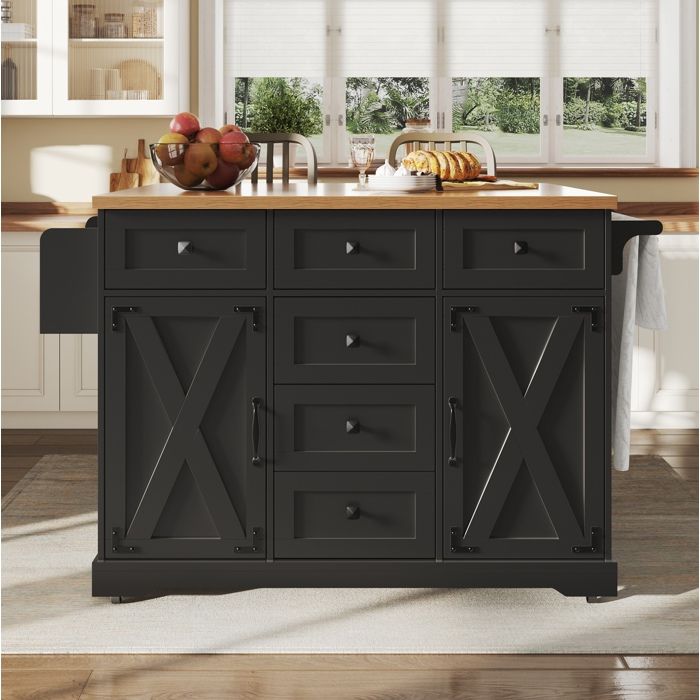 Îlot de Cuisine pliant 147x44-70x93 cm desserte mobile MDF et métal table rabattable noire