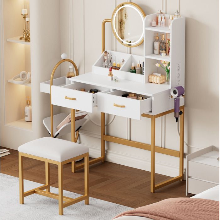 Coiffeuse avec miroir LED 80x40x1385 cm prises et USB 2 tiroirs tabouret inclus blanc et doré