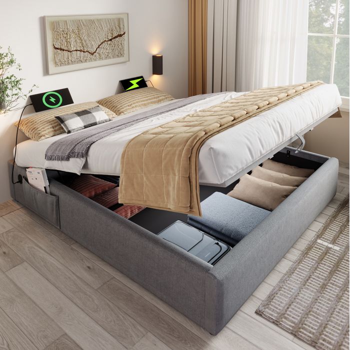 Lit coffre 160x200 cm avec coffre relevable ports USB/Type-C sommier plein en bois lin coton gris