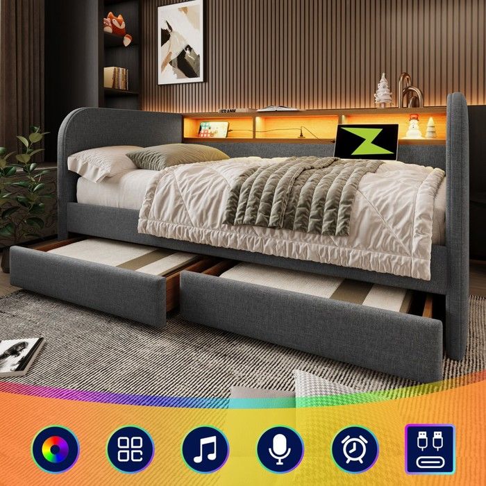 Cadre de lit - MINIMAL - N616P424659G - 140x190 cm - Tête LED avec USB‑C - 2 tiroirs gris lin