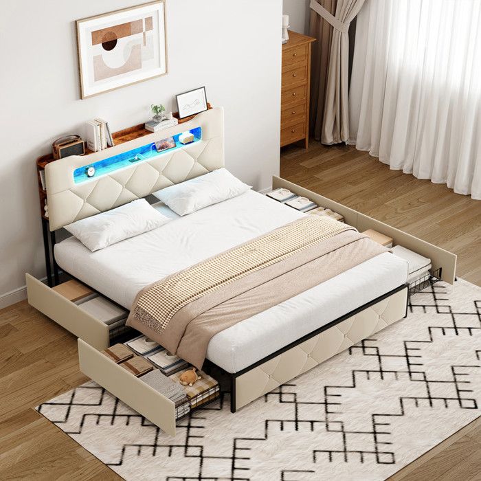 Lit Coffre 160x200 cm avec 4 tiroirs tête de lit LED avec espace de rangement et USB Lit Double Rembourré Velours Beige