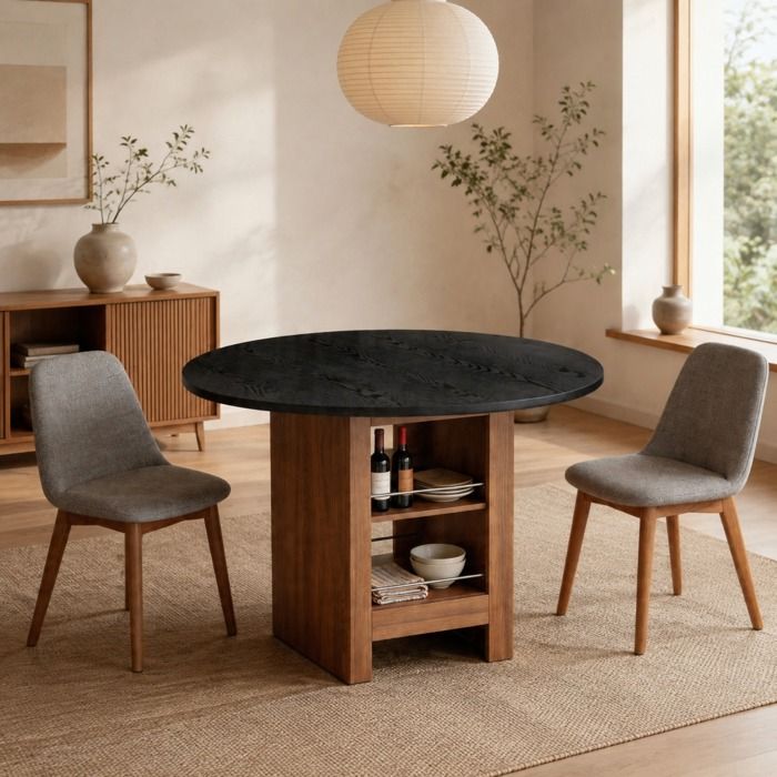 Table à manger ronde avec rangement intégré – effet noyer et noir – 100 cm – 2 à 4 personnes