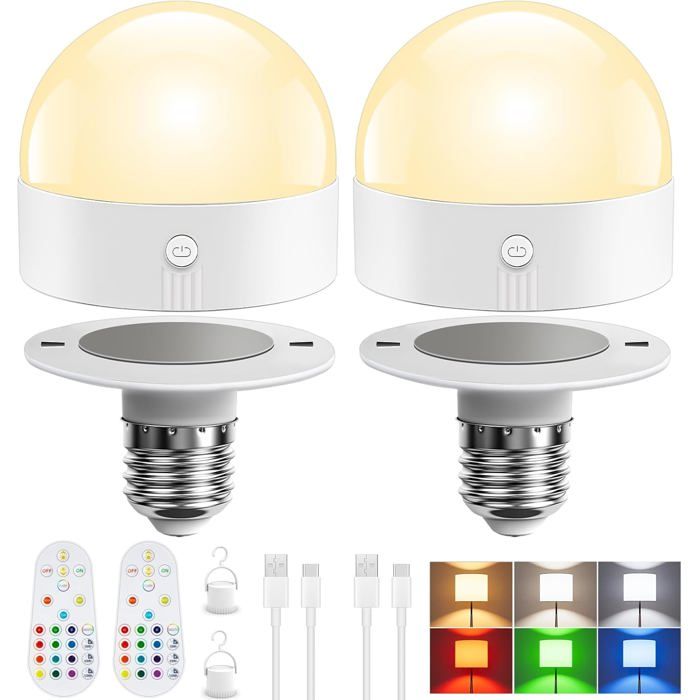 Bulbe LED rechargeable avec télécommande 8 couleurs température de couleur de 2700 K à 6000 K 2 ampoules par paquet