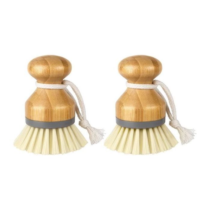 Brosse à récurer éco 2 pcs – Poils anti-rayures & poignée ergo en bambou durable