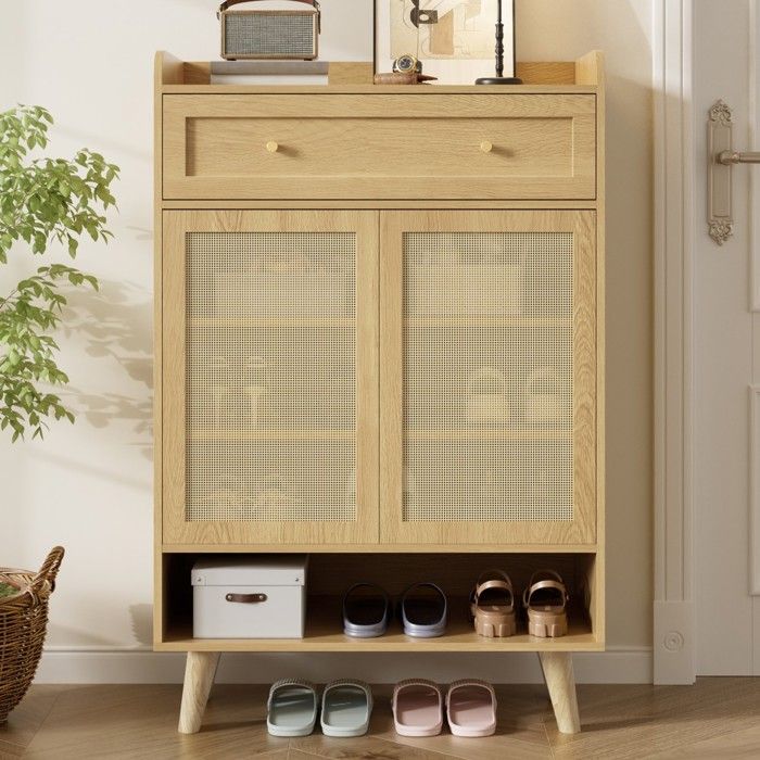 Meuble à chaussures en rotin 2 portes 4 étagères 1 tiroir étagère ouverte entrée couloir salon 80x105x35cm Meuble à chaussures en rotin 2 portes 4 étagères 1 tiroir étagère ouverte entrée couloir salon 80x105x35cm