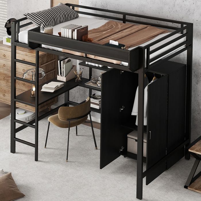 Lit Mezzanine 90x200 avec Bureau et Armoire Lit Combiné Enfant Ado Métal Noir Gain de Place avec Étagères et Échelle