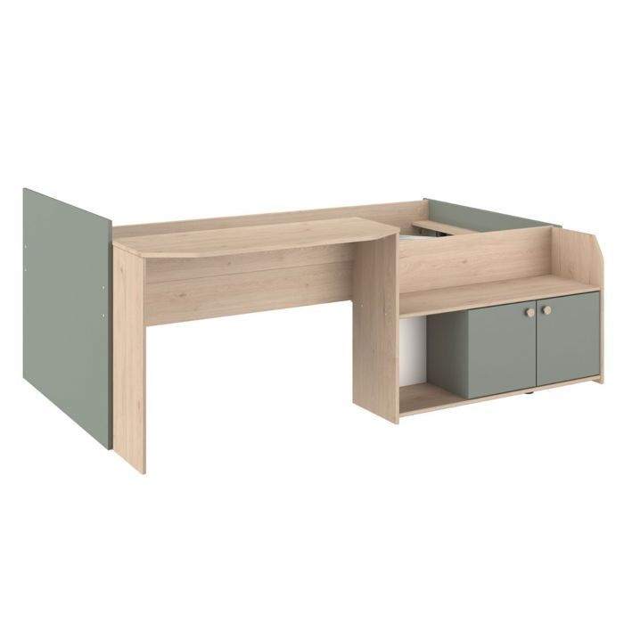 Lit 90x200 combiné avec bureau et rangements aspect bois et vert céladon - ADELINE Lit 90x200 combiné avec bureau et rangements aspect bois et vert céladon - ADELINE