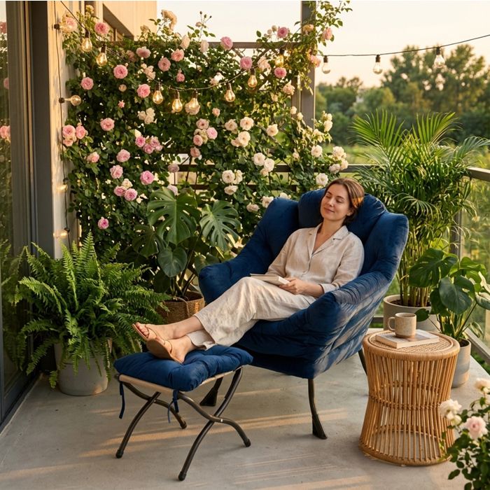Modenuit fauteuil de relaxation avec repose-pieds tissu bleu foncé accoudoirs rembourrés et poche latérale