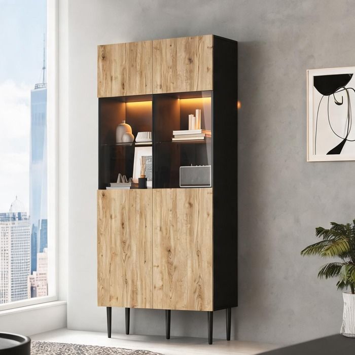 Meuble vitrine MDF noir et bois naturel 80x35x180 cm avec éclairage LED et 10 niches