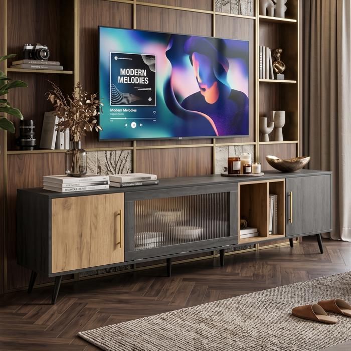 Générique Meuble TV 200cm Design soigné en verre strié Grand rangement Passe-câbles - Gris et Bois
