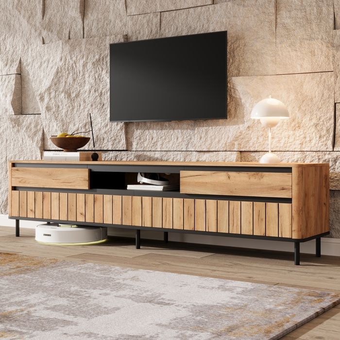 Meuble TV 180x40x52cm - Bohème - Naturel. 2 niveaux. 2 tiroirs. 2 portes pliantes. pieds scandinaves