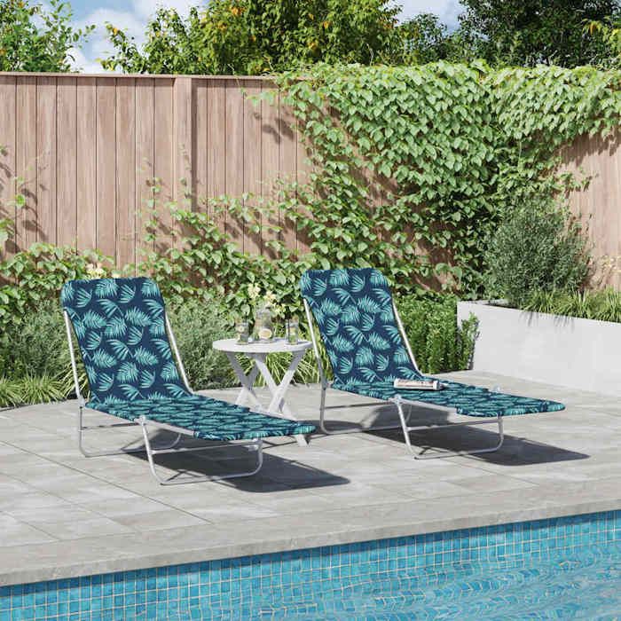 Ensemble de chaises longues/Transat(3 pièces)- Design pliables - Acier tissu Motif de feuilles（55 x 182 x 24 cm） rer75e