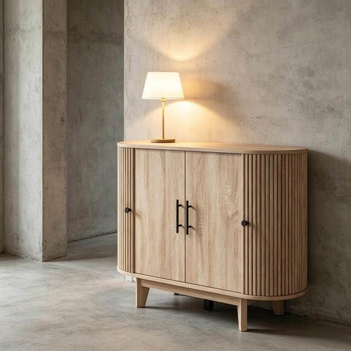Buffet ovale 4 portes avec étagère réglable pour entrée salon et séjour MDF aspect bois naturel beige - UVRION