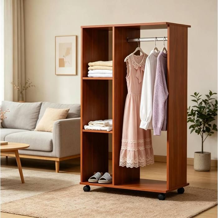 Penderie mobile ouverte 80x40x128 cm walnut – barre de penderie roulettes
