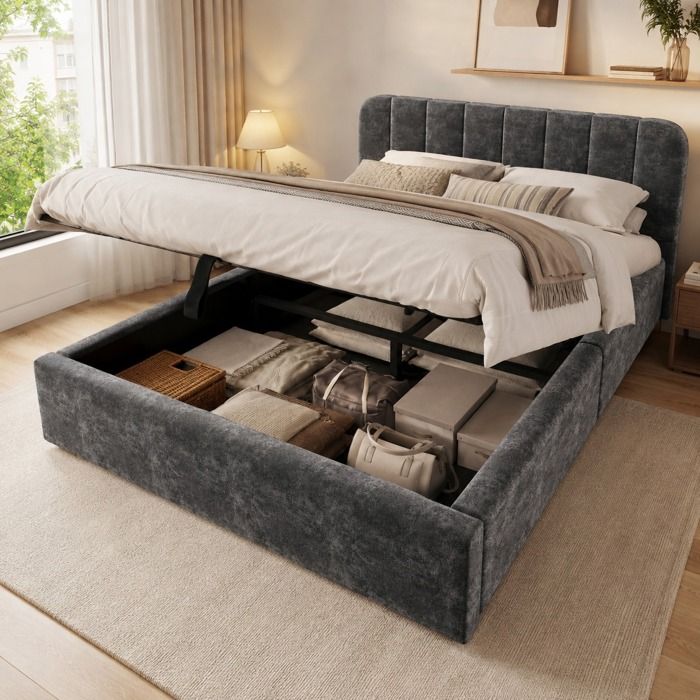 Lit 140x200 cm avec rangement Lit coffre avec LED Lit capitonne avec sommier à lattes Lit 2 Personne Lit adulte Gris foncé