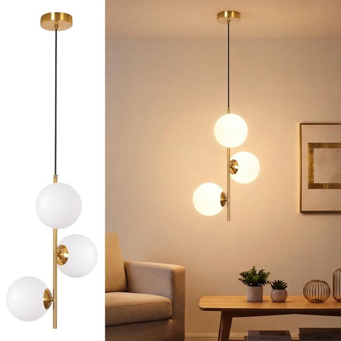 Lustre 3 lumières - NETTLIFE - Globe opale - Finition dorée - Métal & verre opale - Câble réglable 150 cm