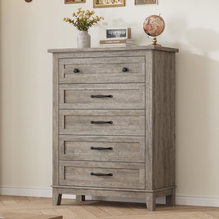 Commode Verticale 5 Tiroirs en Bois Hauteur 105 cm Chiffonnier Autoportant avec Pieds Réglables pour Chambre et Couloir
