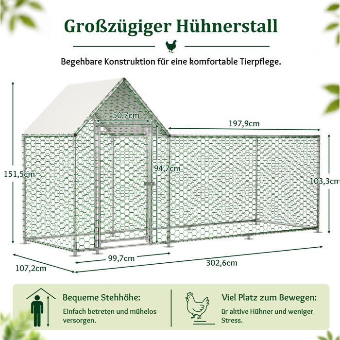 Poulailler enclos grand format 3 x 1 x 1 5 m avec toit PE imperméable acier galvanisé et serrure de sécurité VEVXYN