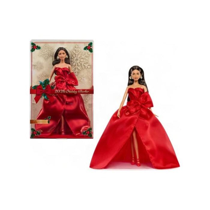 Poupée - BARBIE - Joyeux Noël 2026 - Rouge festif - Cheveux bruns - Robe bustier volumineuse