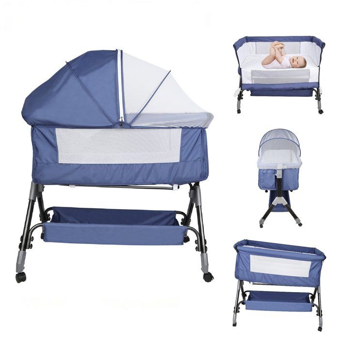 Berceau cododo bébé et Lit dappoint évolutif - Hauteur réglable à 4 niveaux - Étagère sous Lit et Pieds en forme Y - Marine