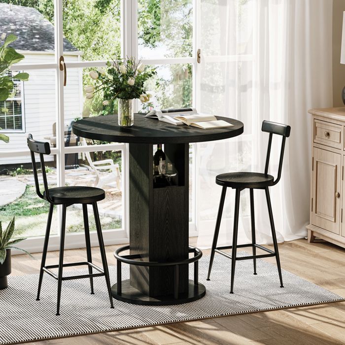 Ensemble bar 3 pièces table ronde 80x80x91 5 cm avec 2 tabourets repose-pieds métal rangement intégré noir