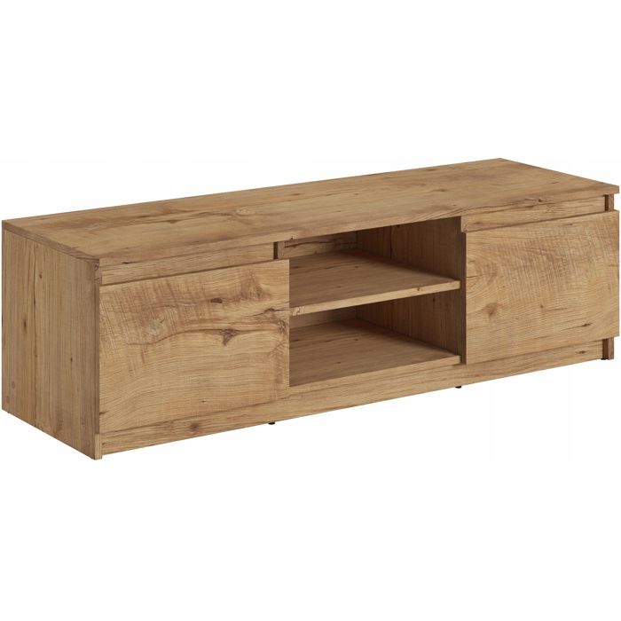 Meuble TV simple 120 cm pour TV 2 placards et étagères châtaignier mat