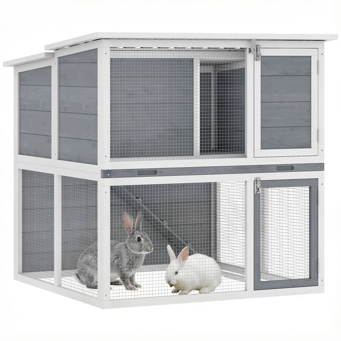 Clapier lapin extérieur – Cage 2 étages toit double ouverture plateau amovible – pour jardin et terrasse – 98x95x55cm gris