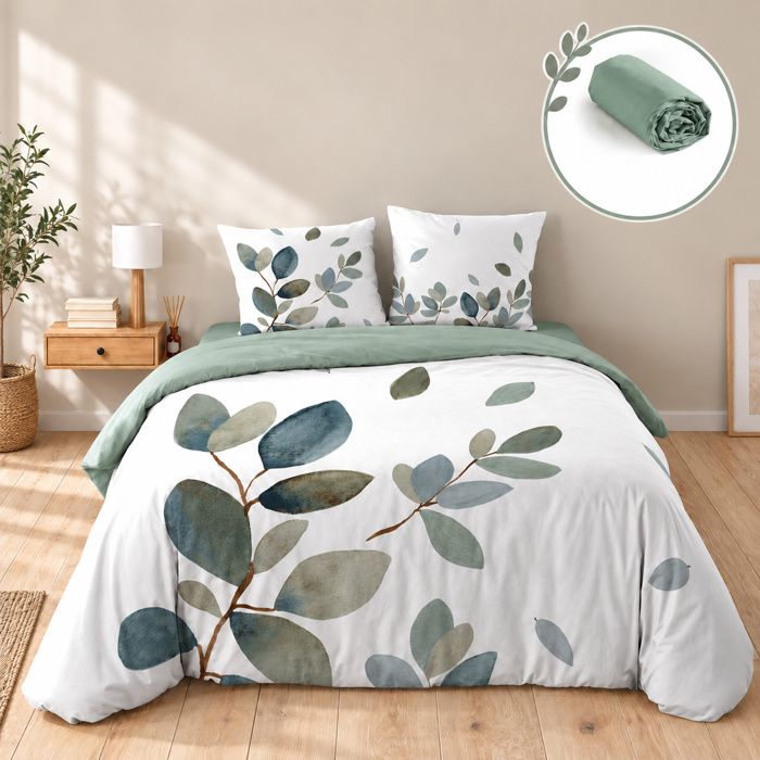 Parure de lit 240 x 220 cm 100% coton 42 fils JOYCE + drap housse 140 x 190 cm Sauge Parure de lit 240 x 220 cm 100% coton 42 fils JOYCE + drap housse 140 x 190 cm Sauge