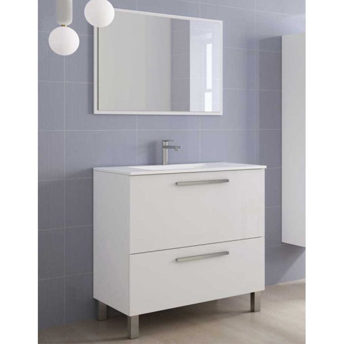 meuble vasque 80 cm + vasque + miroir blanc brillant - banru - blanc