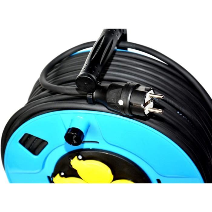 Enrouleur Câble Électrique Hilark 5m - H05RR-F 3x2.5, IP44, 3500W - Bloc 4 Prises Avec Protection Enfant