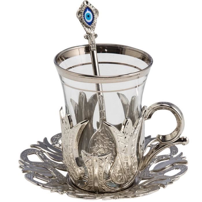 Style vintage LaModaHome Lot de 6 verres à thé turcs avec supports argentés et soucoupes Cadeau idéal Tasse à thé en verre Fait à la main