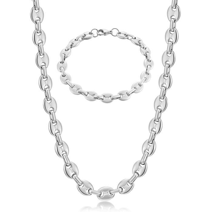 Chaine Maille Grain de Café Homme Collier et Bracelet en Acier Inoxydable, 6mm 9mm 11mm Argent-Or-Noir[404]