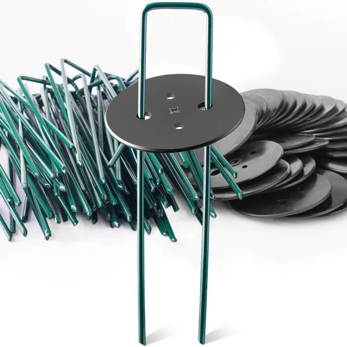 100 Piquets de Fixation en Acier Vert + 50 Rondelles Jadin Toile de Pillage Gazon Synthétique pour Anti Mauvaises Herbes