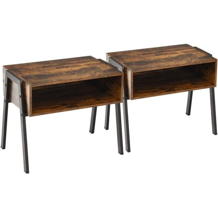 costway 2 tables de chevet empilable industriel - table de nuit avec compartiment ouvert, cadre en métal marron rustique