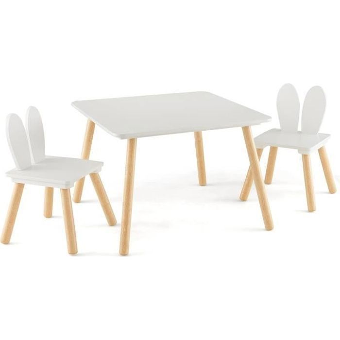 DREAMADE Table Enfants avec 2 Chaises à Oreilles de Lapin Pieds en Bois Massif Peu Encombrante Charge 40KG 3-6 Ans Blanc