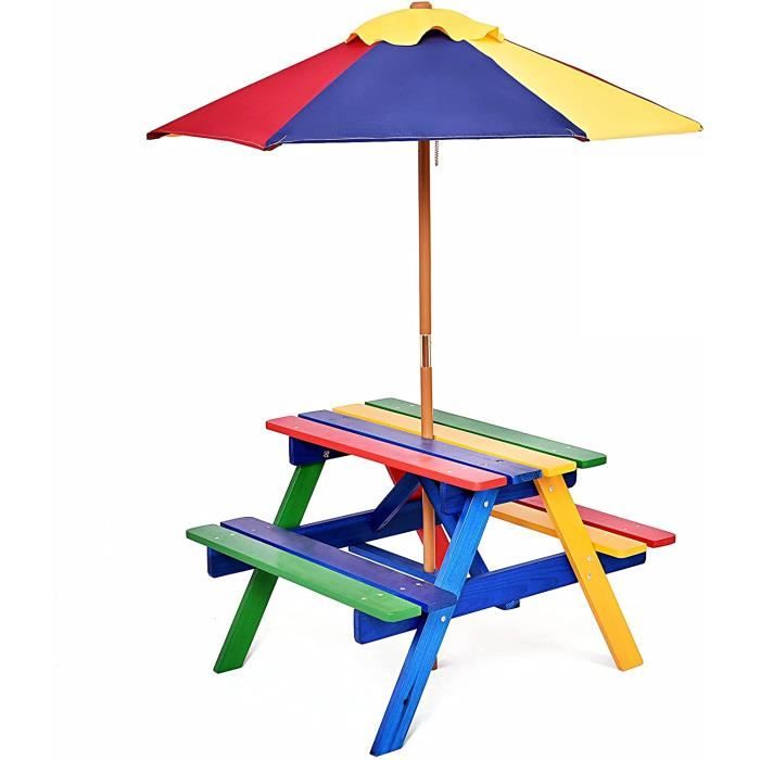 GIANTEX Ensemble Table/Salon de Jardin et 2 Bancs en Bois avec Parasol Amovible pour Enfants,Table de Pique-Nique Extérieur,Coloré
