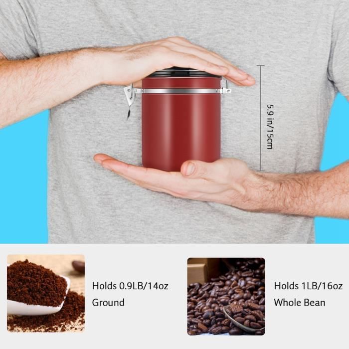 Boîte Café Hermétique Acier Inoxydable 1.8L PIQIUQIU - Affichage Date, Valve CO2, Grains Ou Moulu