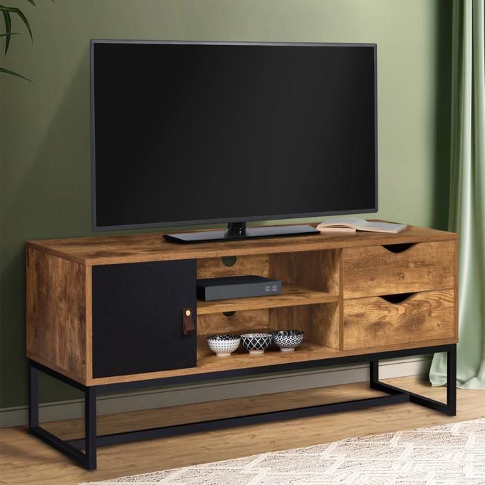 Meuble TV D'Angle Detroit 100cm - Design Industriel Avec Placard | Bois Et Métal