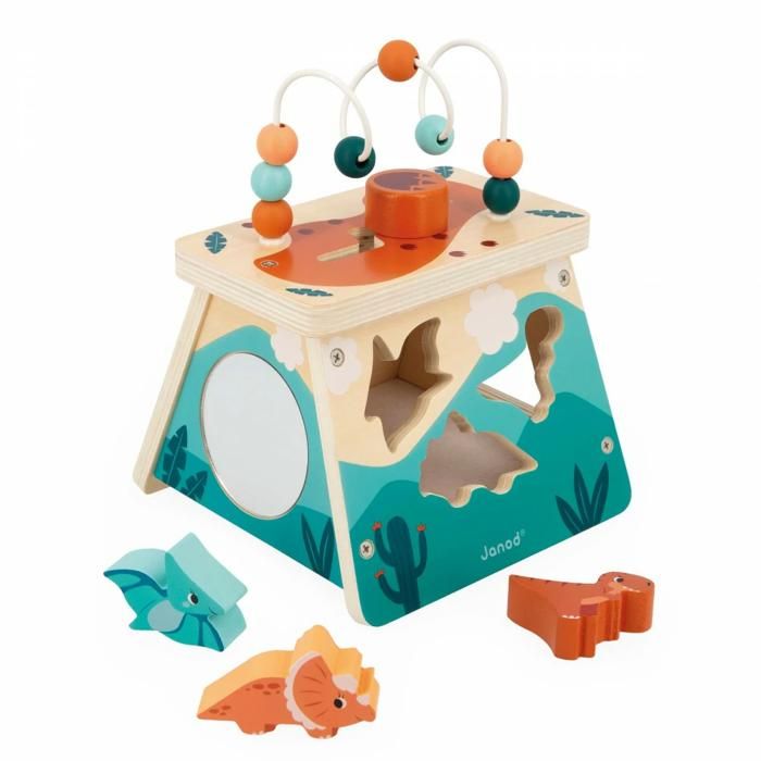 Janod - Gamme Dino - Cube Jouets Volcan Multi-Activités - 3 Dinos À Encastrer - Jouet D'Éveil FSCTM - Dès 12 mois